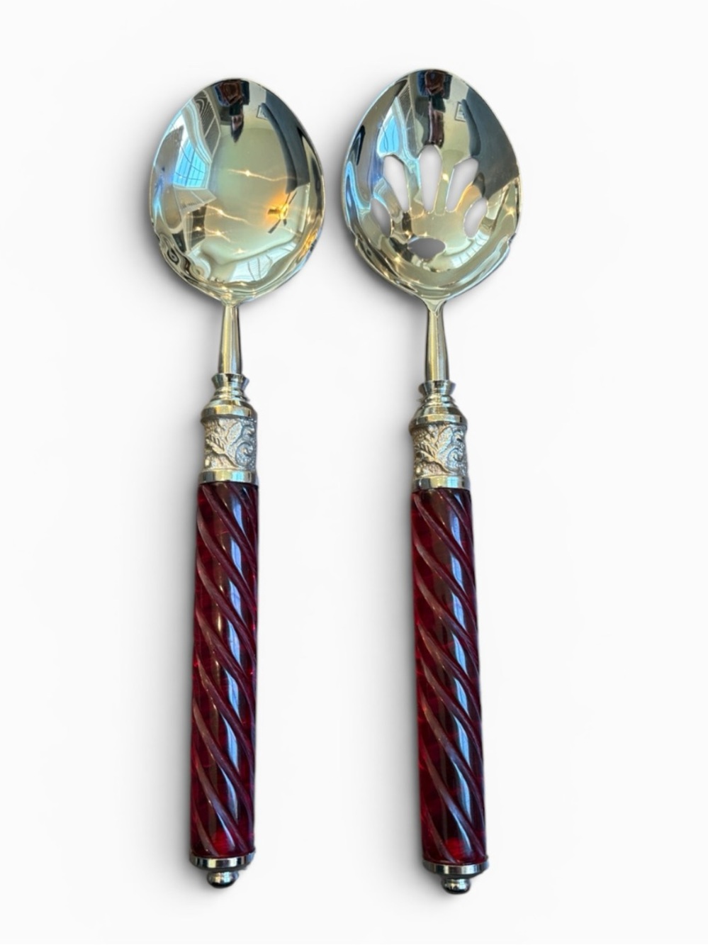 Lenox Holiday Jewel 2-Piece Serving Spoons Stainless Steel Red Spiral Handle
